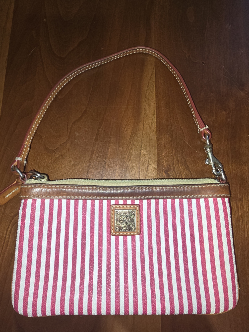 Dooney & Bourke Pink 💕 and White Striped Leather-Trim Wristlet, EUC